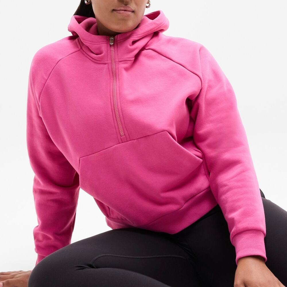 Athleta Forever Fleece Half Zip Hoodie Pink XL 1/2 Zip Relaxed Crop Y2K A010371
